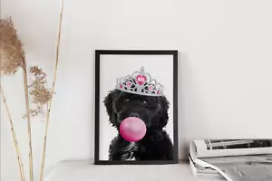 Dog cockapoo print picture crown bubblegum wall art A4 unframed black white pink - Picture 1 of 3