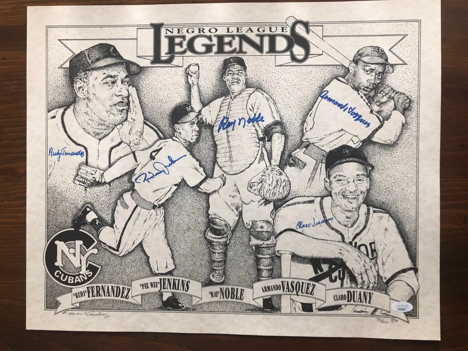 Litografía autografiada autografiada por 5 jugadores de la Liga Negra de los Cubanos de Nueva York JSA Foto 1 de 1