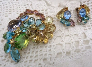Vintage Pastel FRUIT SALAD RHINESTONES Brooch & Earrings SET - Picture 1 of 7