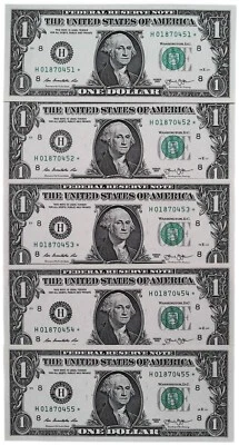Lot 5 One Dollar Star Notes Consecutive Serial Numbers Star Notes AU Condition - Image 1 of 4