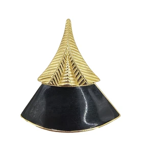 Vintage Trifari Art Deco Style Fan Brooch Gold Tone Black Enamel 1980s Signed - Picture 1 of 18