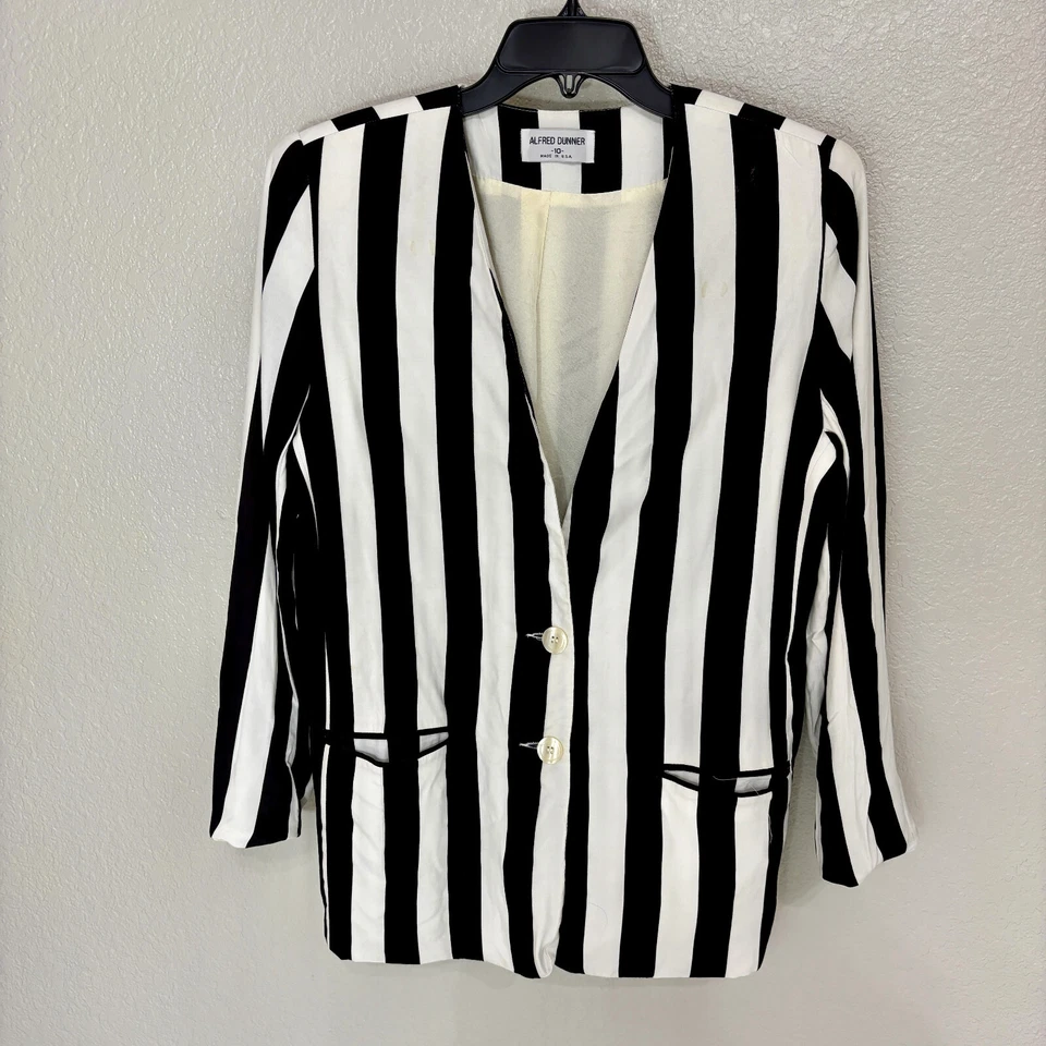Blazer Traje Chaqueta Grueso Blanco y Negro Rayas Años 80 Alfred Dunner Moderno M Foto 1 de 4