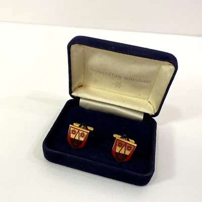 Vintage MANHATTAN WINDSOR Boxed Pair of Gold Tone Red Enamel Shield Cufflinks - Image 1 of 4