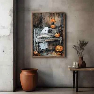 Spooky Cute Ghost Halloween Wall Art, Vintage Piano Watercolor Art by Durazza - Picture 1 of 10