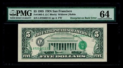 1995 $5 FRN San Francisco Overprint on Back Error PMG 64 - Image 1 of 2