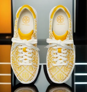TORY BURCH T MONOGRAM HOWELL SNEAKER GOLDFINCH JACQUARD/CALF LEATHER SZ 9.5 NIB - Picture 1 of 19