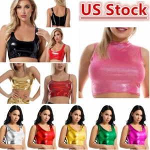 Womens Wet Look Shiny Crop Tops Dance Rave Sleeveless Zipper Stretch Casual Vest - Picture 1 of 123