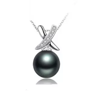 925 Silver 12mm Tahitian Black SHELL Pearl X CZ pendant 18" Necklace Gift D18 - Picture 1 of 3