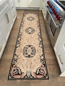 French Aubusson Needlepoint Hall Runner 10' x 30" Blk & Blush Floral & Medallion - Picture 1 of 5