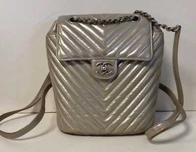 Authentic CHANEL Chevron Urban Spirit Iridescent Gray Leather Backpack - Image 1 of 4