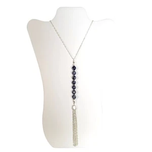 Silver Chain Necklace Blue Semi-Precious Stones Tassel Pendant 40" Long - Picture 1 of 10