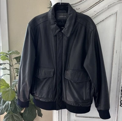 Croft and Barrow Genuine Leather Collared Full-Zip Black Bomber Jacket Sz Large - Image 1 of 4