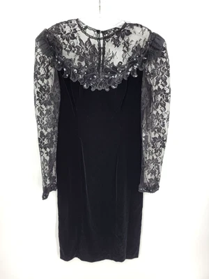 Vestido Scott McClintock Mujer 8 Negro Terciopelo Encaje Lentejuelas Cóctel De Colección Años 80 90 Foto 1 de 4