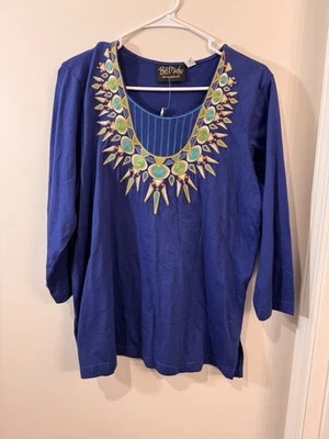 Bob Mackie Wearable Art Women's M Blue  Embroidered Knit Top Pullover Blouse NWT - Image 1 of 4