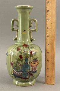Antico vaso porcellana cinese XVIII secolo dinastia Qing marchio QianLong, smalto fagiolo-tè - Foto 1 di 9