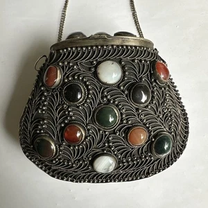 Cartera de Metal de Colección Bolso de Hombro de Noche Bolso sin asas Piedras Preciosas de Ágata Tapa con Bisagras LEER - Imagen 1 de 9