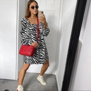 ZARA Zebra Print Cotton Poplin Winter Long Puff Sleeve Mini Dress Size M - Picture 1 of 20
