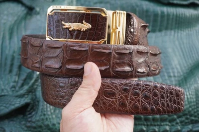 Cintura uomo in vera pelle di coccodrillo marrone con fibbia #V46 - Immagine 1 di 4