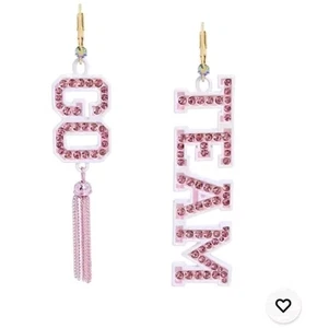 Betsey Johnson earrings Go Team pink crystal white block letters dangle - Picture 1 of 6