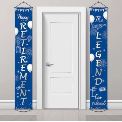 Retirement Signs - Door Hanging Banners - Blue and Silver - Set/2 - Image 1 of 2