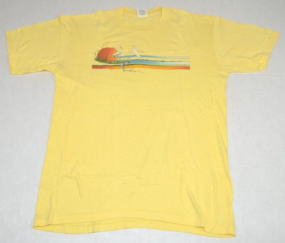 Vintage Animal Print T-Shirt Ebert Custom Size S/M 70s Egrets at Sunset Made USA - Image 1 of 4