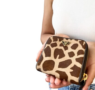 PRADA Vintage Logo Animal Print Wallet Calf Hair Zip Snap Brown Gold RankAB - Image 1 of 4