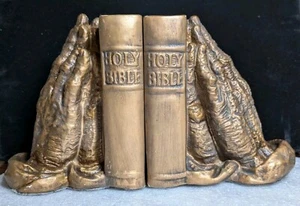 Praying Hands Bookends Bible Universal Statuary 1962 Bronze Gold Tone Chalkware - Picture 1 of 19