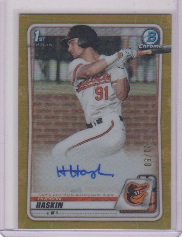 Hudson Haskin 2020 Bowman Chrome Draft Gold Refractor Auto /50 Baltimore Orioles