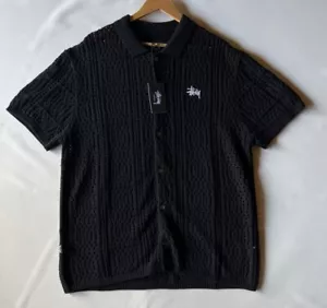 Stussy Crochet Shit Mens Large Cotton Short Sleeve Black Button Up New - Picture 1 of 13
