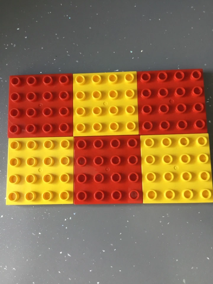 Lego Duplo plate x 6. Red and yellow. 4x4 stud. Part number 14721 - image 1 of 1