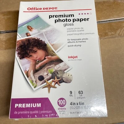 Premium Photo Paper, Office Depot. Gloss, 4 X 6", 100-Sheets. New Sealed S8 - Image 1 of 3