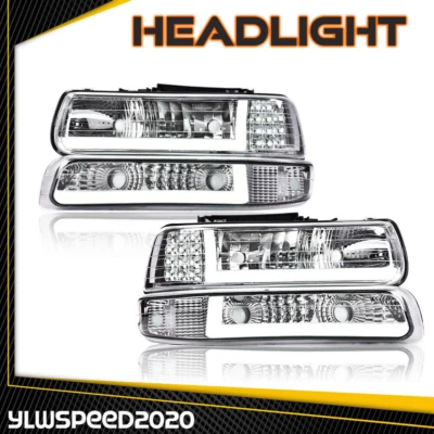 [LED DRL]Fits 99-02 Chevy Silverado 1500 2500 HD Headlight+Bumper Lamps Chrome - Image 1 of 4