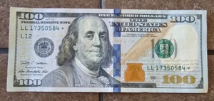 $100 Dollar Bill US Bill Star Note, Series 2009 A, LL 17350584* - Picture 1 of 3