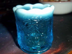Westmoreland Glass Cherry Wreath Toothpick Holder Cup - Blue w/ Opalescent Edge  - Picture 1 of 3