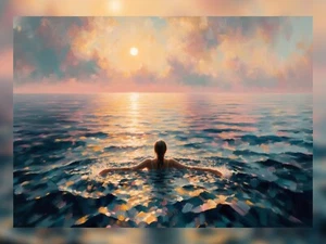 Woman Swimming at Ocean Sunrise - 5" x 7" Oil Painting Print | Serene Dawn Art - Picture 1 of 9