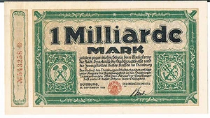 GERMANY NOTGELD STADT DUISBURG 1 MILLIARDE MARK 25.09.1923 AUUNC - Picture 1 of 2