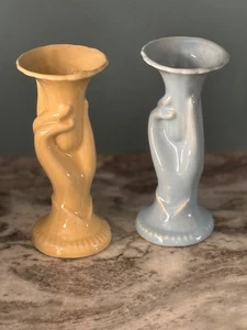 2 Vintage Shawnee Pottery USA Hand Holding Trumpet Bud Vase Blue & Cream - Picture 1 of 19