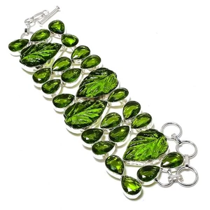 Peridot Carving, Peridot Gemstone 925 Sterling Silver Bracelet 7-8" s273 - Picture 1 of 3