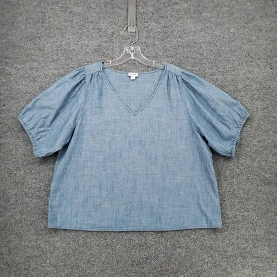 Blusa Pullover J Crew Top Mujer XL Extra Grande Azul Cambray Cuello en V Manga Abullonada Foto 1 de 4