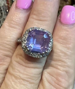 Statement square solitaire lab-created Light Amethyst rhodium plated ring sz 8 - Picture 1 of 10