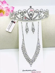 Bridal Crown Three Piece Set Rhinestone Tiara Earrings and Necklace Designer - Picture 1 of 9