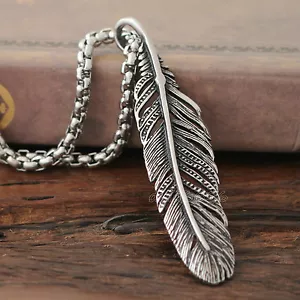 Damen Herren Vintage Silber 316L Edelstahl Feder Halskette Kette Anhänger - Bild 1 von 15