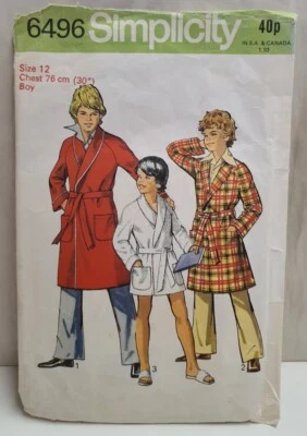  Vintage Simplicity Sewing Pattern 6496 c1976 Boy's Robe Cut Size 12 Two Lengths - Image 1 of 4
