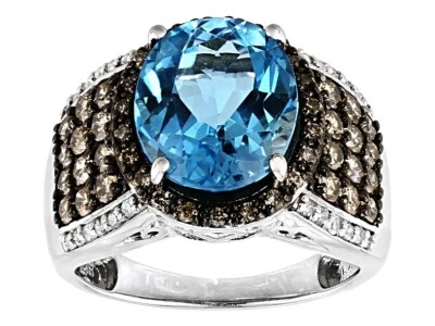 Swiss Blue Oval Shape Topaz With Brown & White Cubic Zirconia Unique Womens Ring - Image 1 of 4