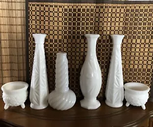Lot of 6 VTG White Milk Glass 4 Bud Vase 2 Pedestal Wedding Bridal - Picture 1 of 1