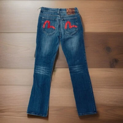 Jeans De Colección EVISU Mujer 28 x 30 Y2K Gráfico Logo SELVEDGE Denim Lavado Medio Foto 1 de 4