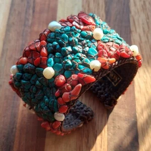 SOMS TH Handcrafted Arizona River Turquoise Red Coral Pearl Artisan Beaded Cuff - Picture 1 of 6