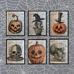 Dictionary Prints Halloween Themed Art Prints Set (6) Pumpkin Skull Wall Art - Bild 1 von 10