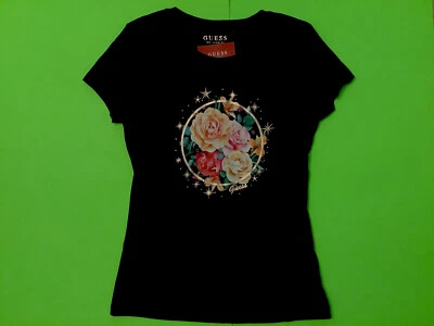 GUESS Los Angeles Women’s Short Sleeve T-Shirt Size LARGE Black w/Roses Cotton - Image 1 of 4