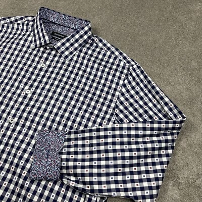 Рубашка Bugatchi мужская размер XL на пуговицах темно-синяя клетчатая вышитая контрастная манжета - Изображение 1 из 4